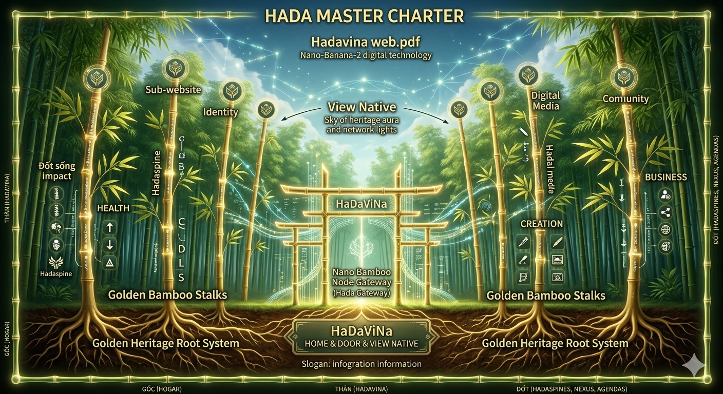 Hệ sinh thái Tre Vàng Hadavina tích hợp công nghệ Nano Bamboo Node, giải pháp Tác động cột sống Hadaspine, Sub-website cá nhân và mạng lưới di sản số bản địa.