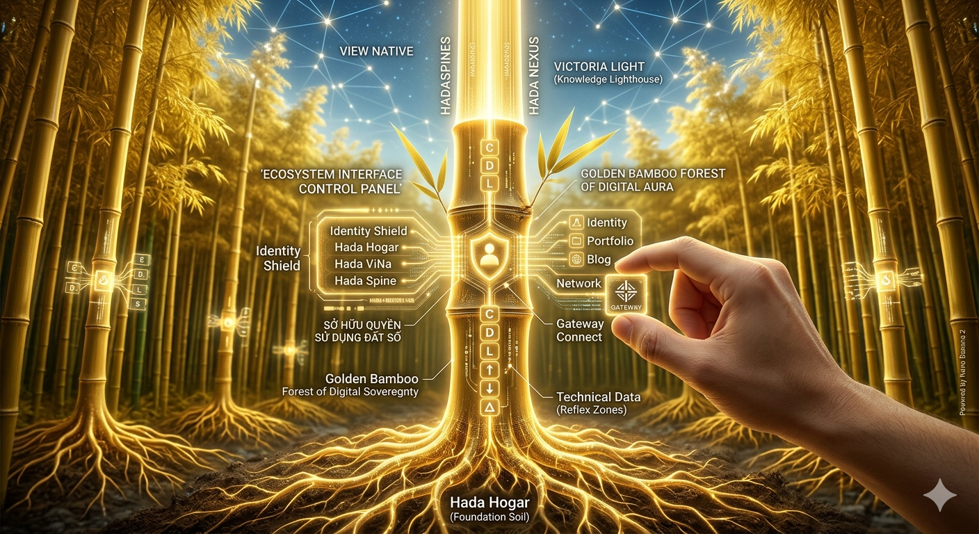 Cổng kết nối Gateway Connect trong hệ sinh thái Tre Vàng Hadavina. Minh họa việc sở hữu quyền sử dụng đất số, bảo mật danh tính Identity Shield và truy cập dữ liệu kỹ thuật HadaSpine.